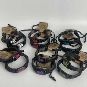 12 Skull Leather Bracelet Halloween Goth Wrist Accessories 9-12” Black Brown